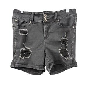 Torrid Womens Size 14 Black Distressed Denim Shorts High Rise 3-Button Fly 940